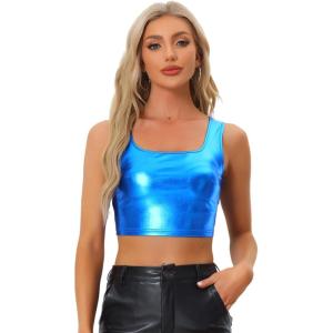 imageAllegra K Womens U Neck Sleeveless Halloween Party Clubwear Holographic Shiny Metallic Crop TopRoyal Blue