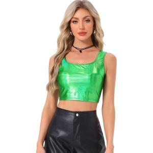 imageAllegra K Womens U Neck Sleeveless Halloween Party Clubwear Holographic Shiny Metallic Crop TopShamrock Green