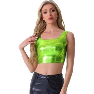 imageAllegra K Womens U Neck Sleeveless Halloween Party Clubwear Holographic Shiny Metallic Crop TopShiny Green