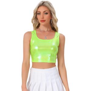 imageAllegra K Womens U Neck Sleeveless Halloween Party Clubwear Holographic Shiny Metallic Crop TopShiny Yellow