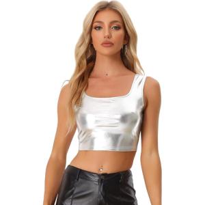 imageAllegra K Womens U Neck Sleeveless Halloween Party Clubwear Holographic Shiny Metallic Crop TopSilver