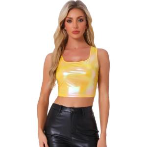 imageAllegra K Womens U Neck Sleeveless Halloween Party Clubwear Holographic Shiny Metallic Crop TopYellow