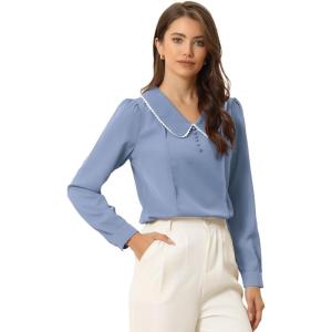 imageAllegra K Womens Vintage Peter Pan Collar Shirt Cute Lacy Trim Long Sleeve BlouseDusty Blue