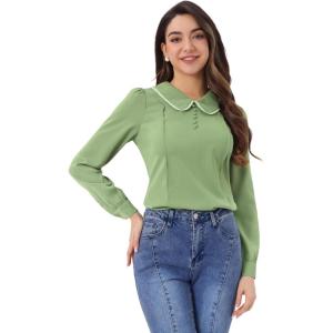 imageAllegra K Womens Vintage Peter Pan Collar Shirt Cute Lacy Trim Long Sleeve BlouseDusty Green