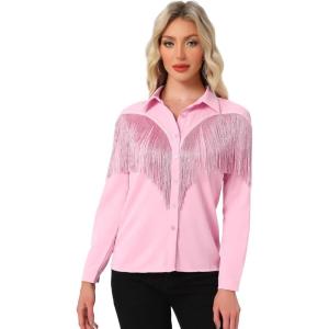 imageAllegra K Womens Western Fringe Blouse Long Sleeve Button Down Disco Cowgirl ShirtsBright Pink