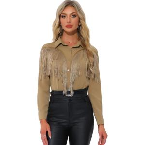 imageAllegra K Womens Western Fringe Blouse Long Sleeve Button Down Disco Cowgirl ShirtsKhaki