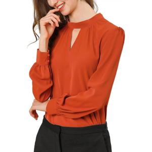 imageAllegra K Womens Work Tops Dressy Casual Shirts Mock Neck Keyhole Business Casual Long Sleeve BlouseBrown Red