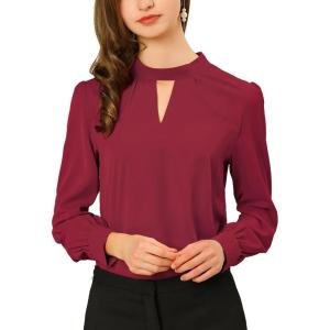 imageAllegra K Womens Work Tops Dressy Casual Shirts Mock Neck Keyhole Business Casual Long Sleeve BlouseBurgundy