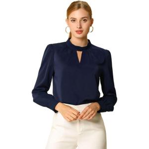 imageAllegra K Womens Work Tops Dressy Casual Shirts Mock Neck Keyhole Business Casual Long Sleeve BlouseNavy Blue