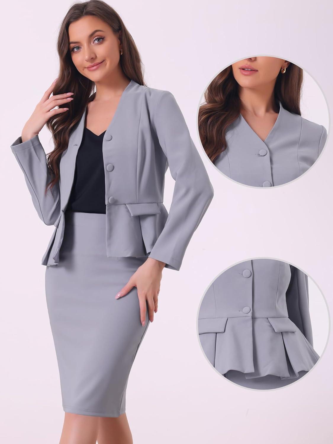 imageAllegra K 2 Piece Skirt Sets for Women Long Sleeve Blazer and Pencil Skirt Business SuitsGray Purple