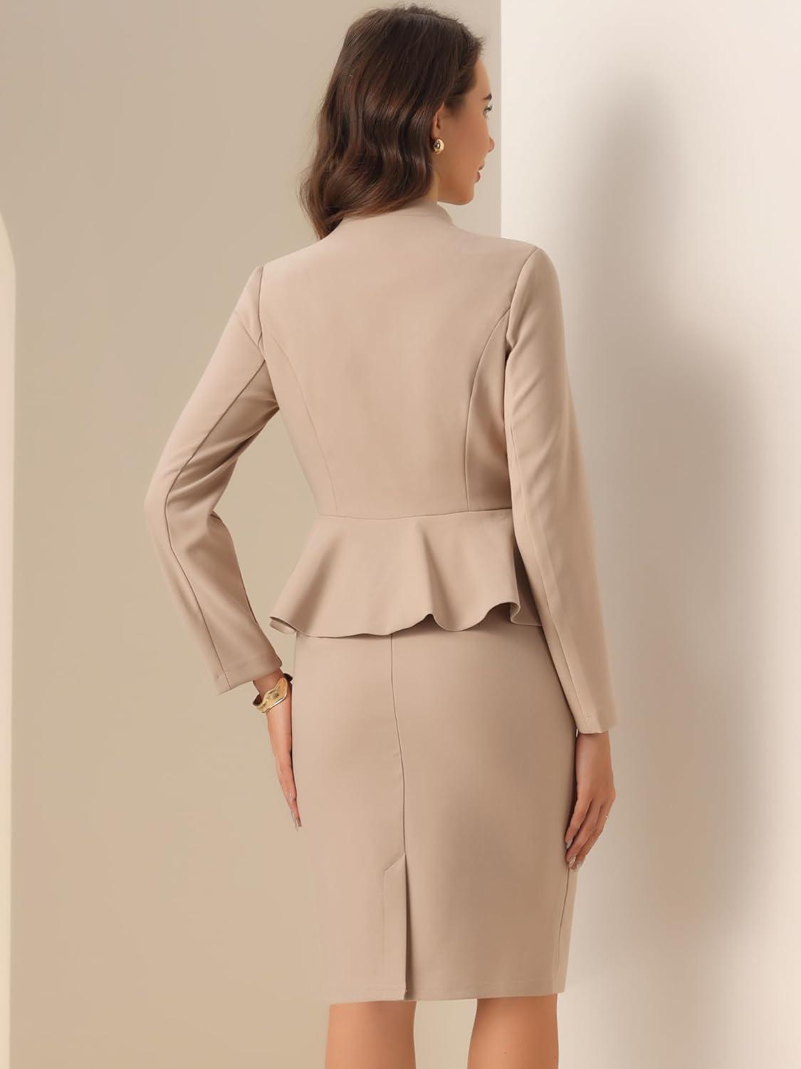 imageAllegra K 2 Piece Skirt Sets for Women Long Sleeve Blazer and Pencil Skirt Business SuitsKhaki