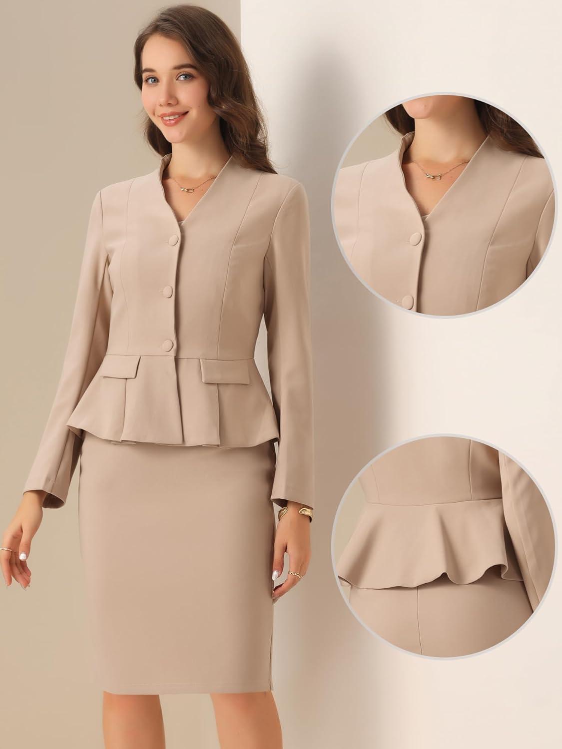 imageAllegra K 2 Piece Skirt Sets for Women Long Sleeve Blazer and Pencil Skirt Business SuitsKhaki