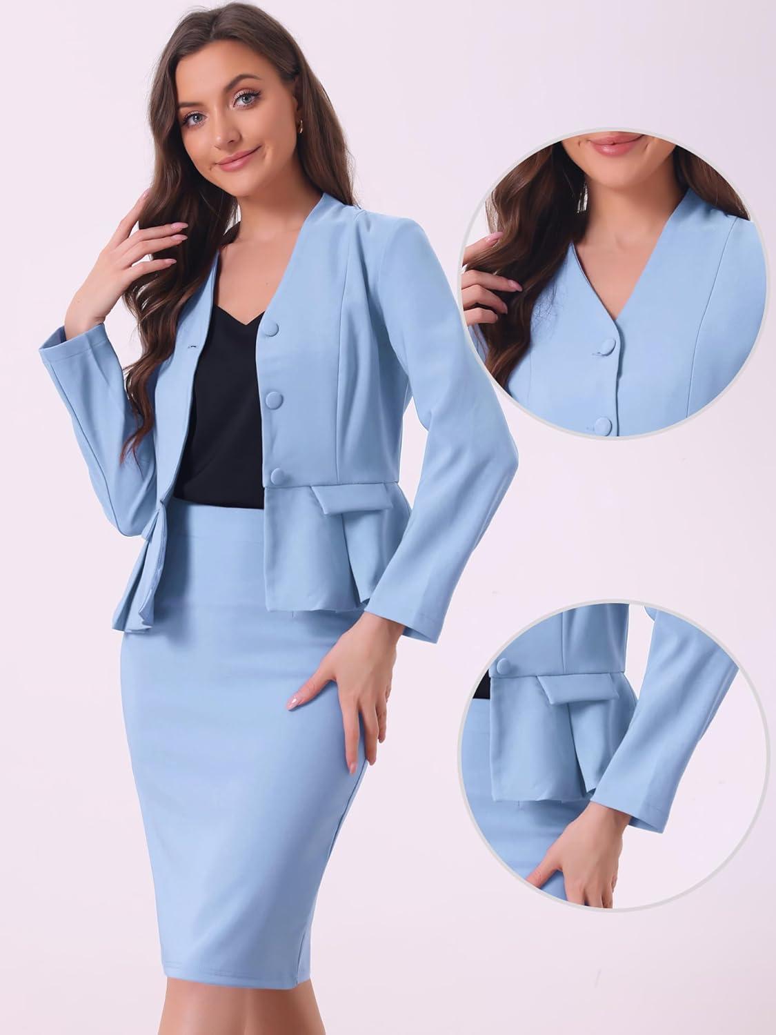 imageAllegra K 2 Piece Skirt Sets for Women Long Sleeve Blazer and Pencil Skirt Business SuitsLight Blue