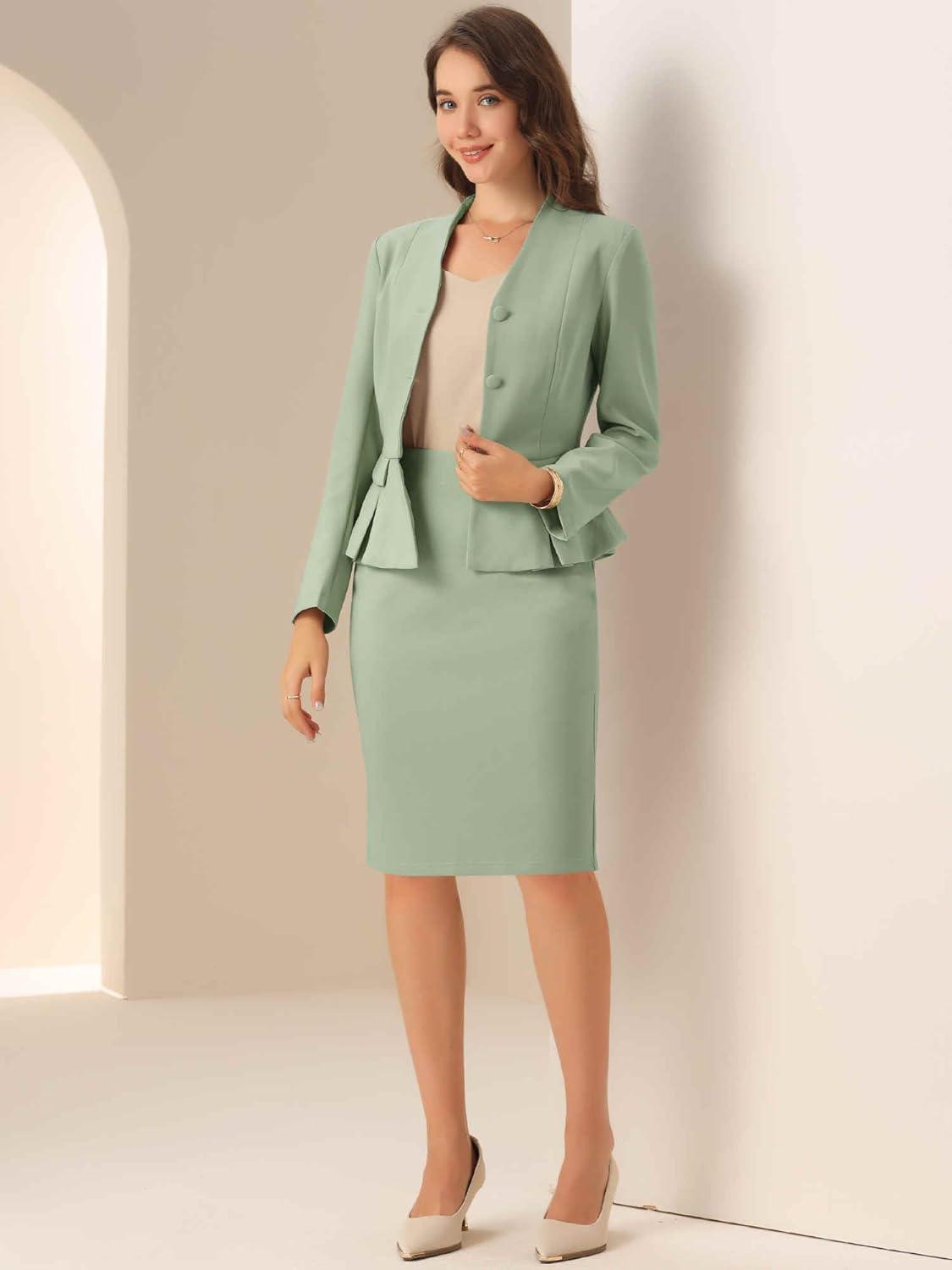 imageAllegra K 2 Piece Skirt Sets for Women Long Sleeve Blazer and Pencil Skirt Business SuitsPea Green