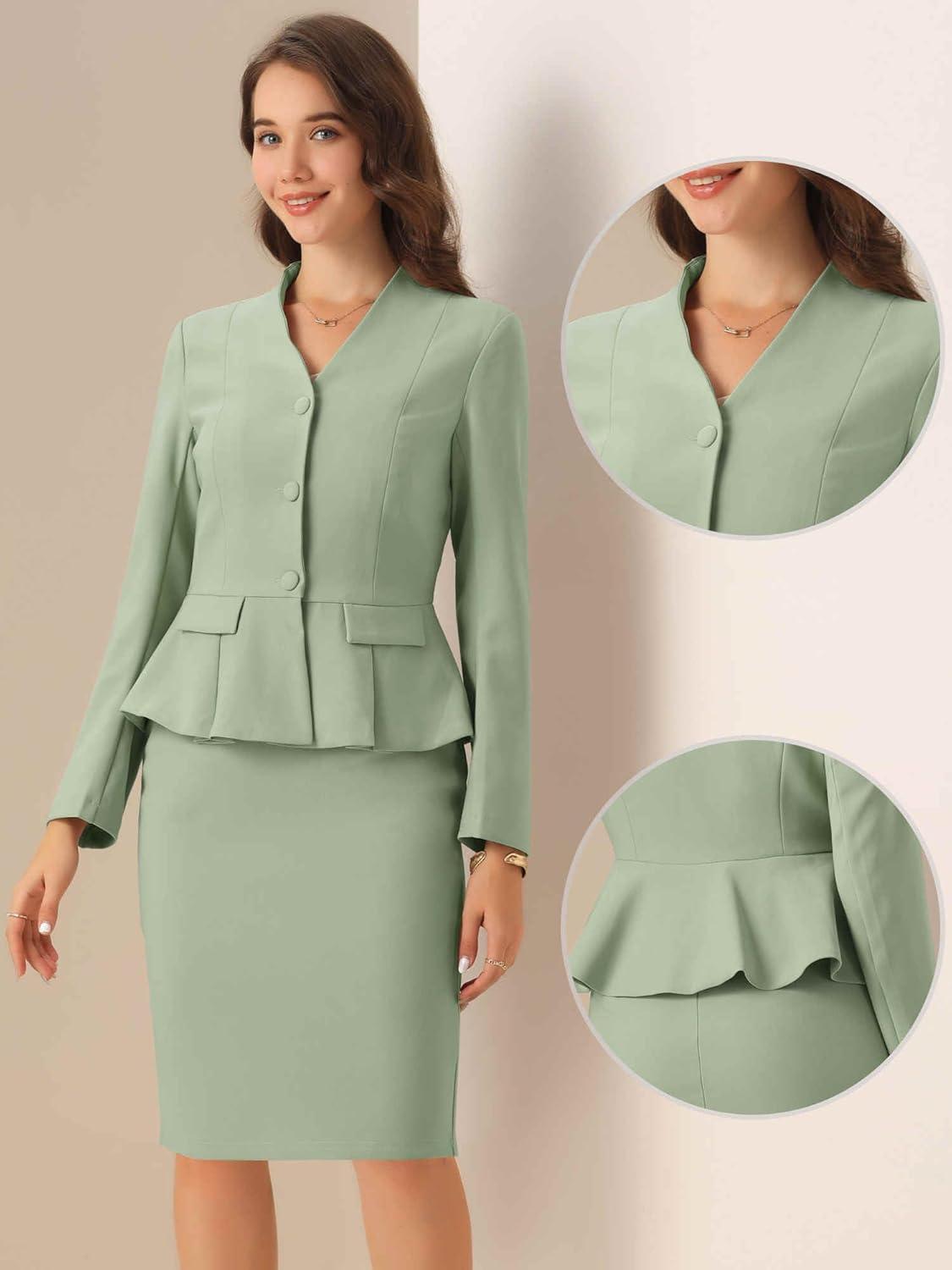 imageAllegra K 2 Piece Skirt Sets for Women Long Sleeve Blazer and Pencil Skirt Business SuitsPea Green