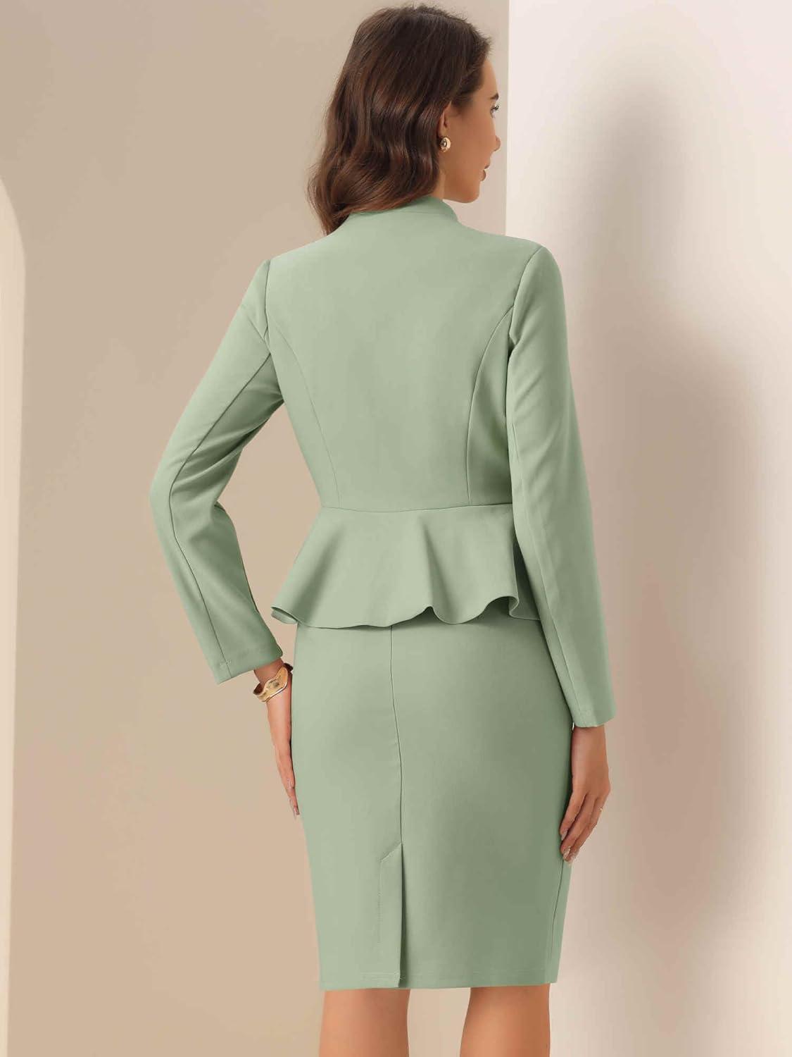 imageAllegra K 2 Piece Skirt Sets for Women Long Sleeve Blazer and Pencil Skirt Business SuitsPea Green