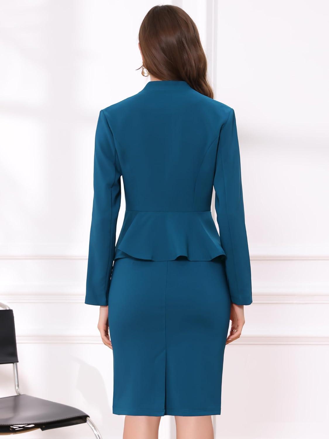 imageAllegra K 2 Piece Skirt Sets for Women Long Sleeve Blazer and Pencil Skirt Business SuitsPeacock Blue