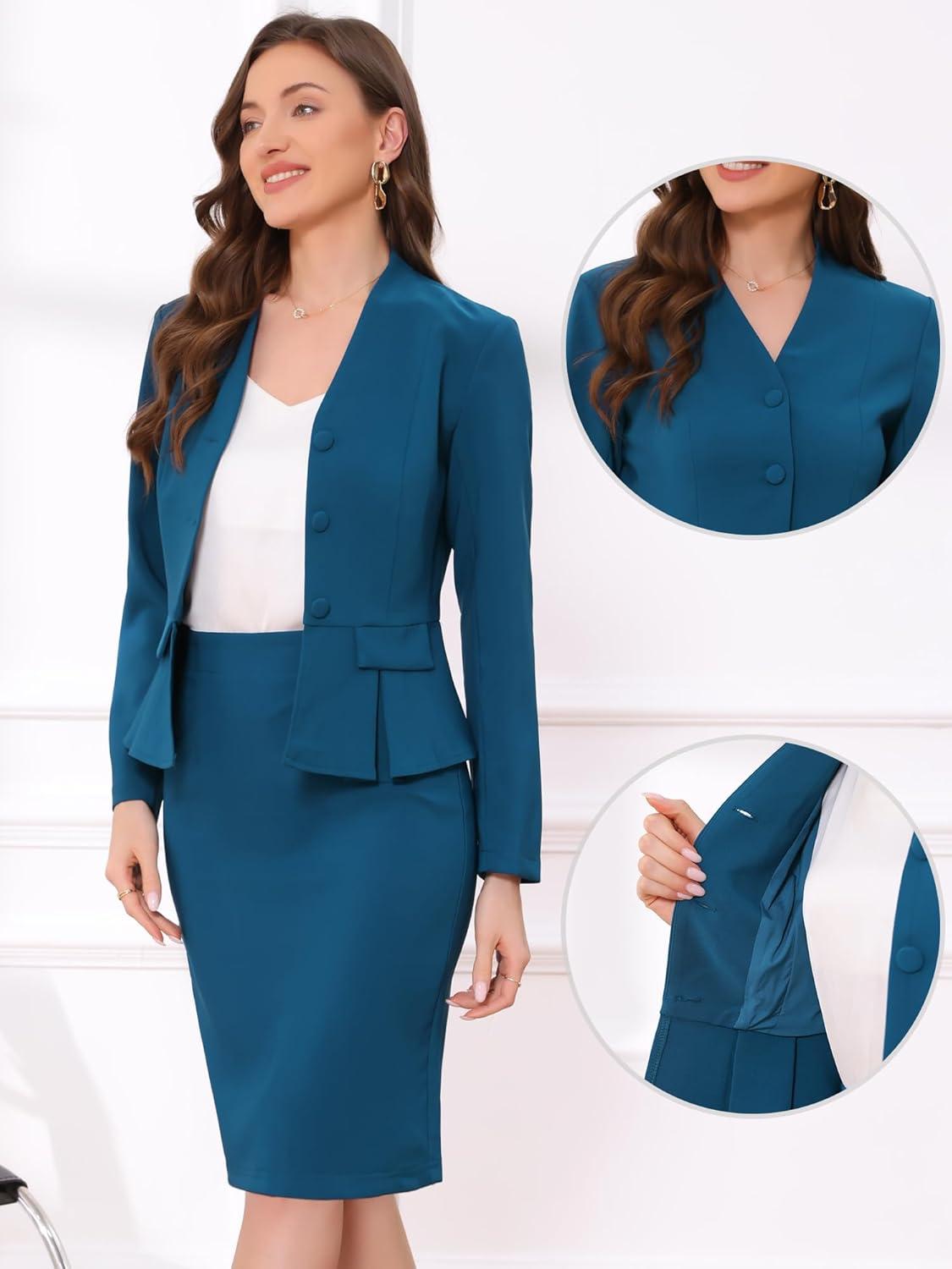 imageAllegra K 2 Piece Skirt Sets for Women Long Sleeve Blazer and Pencil Skirt Business SuitsPeacock Blue