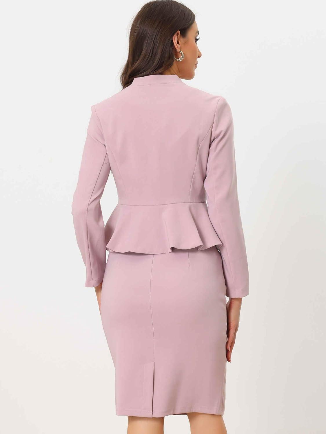 imageAllegra K 2 Piece Skirt Sets for Women Long Sleeve Blazer and Pencil Skirt Business SuitsPink