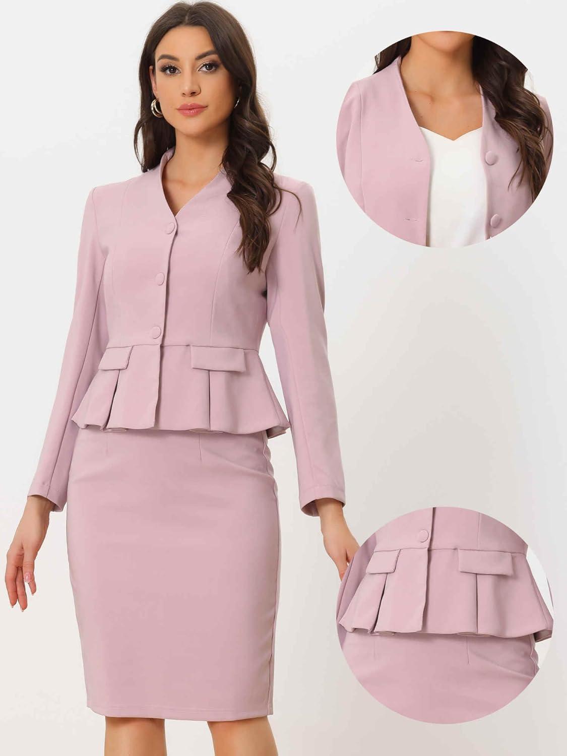 imageAllegra K 2 Piece Skirt Sets for Women Long Sleeve Blazer and Pencil Skirt Business SuitsPink
