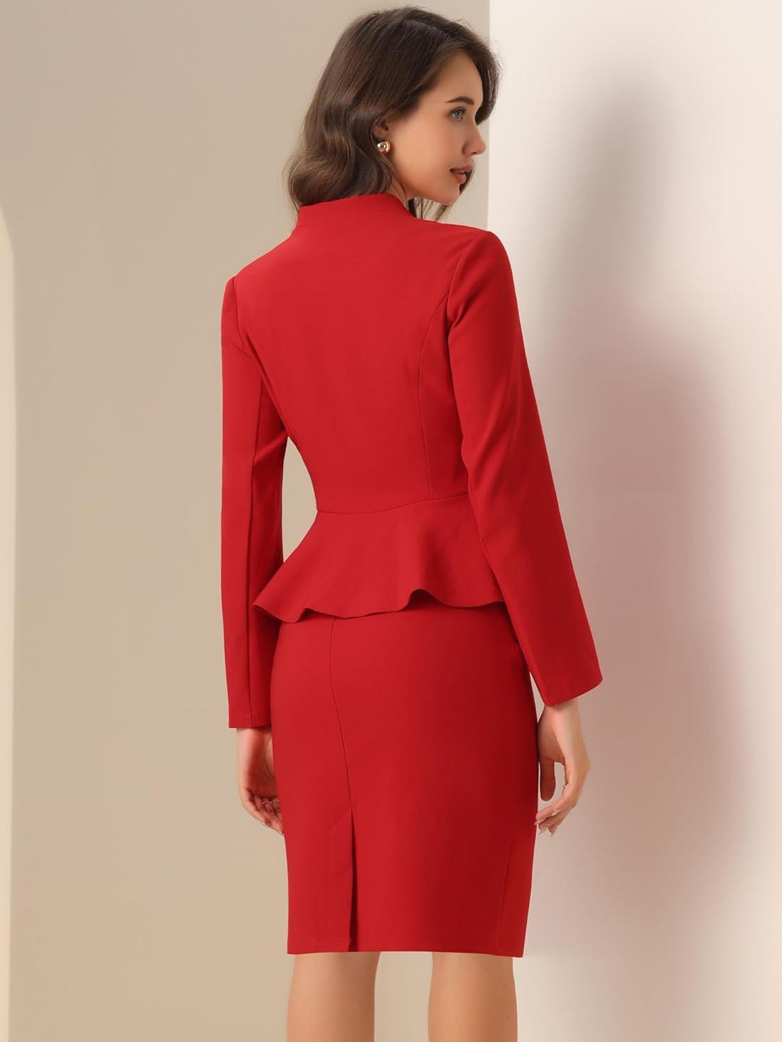 imageAllegra K 2 Piece Skirt Sets for Women Long Sleeve Blazer and Pencil Skirt Business SuitsRed