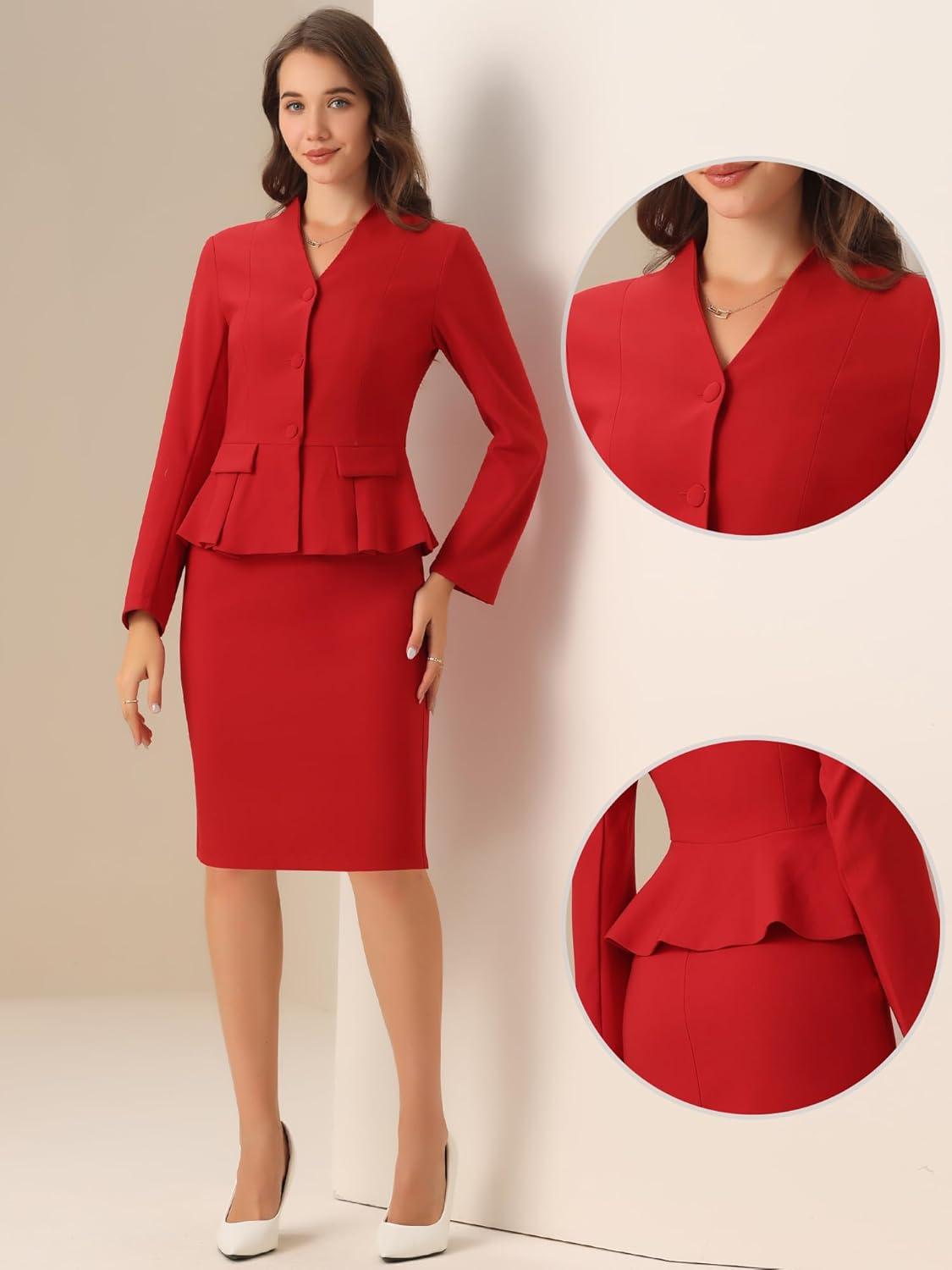 imageAllegra K 2 Piece Skirt Sets for Women Long Sleeve Blazer and Pencil Skirt Business SuitsRed