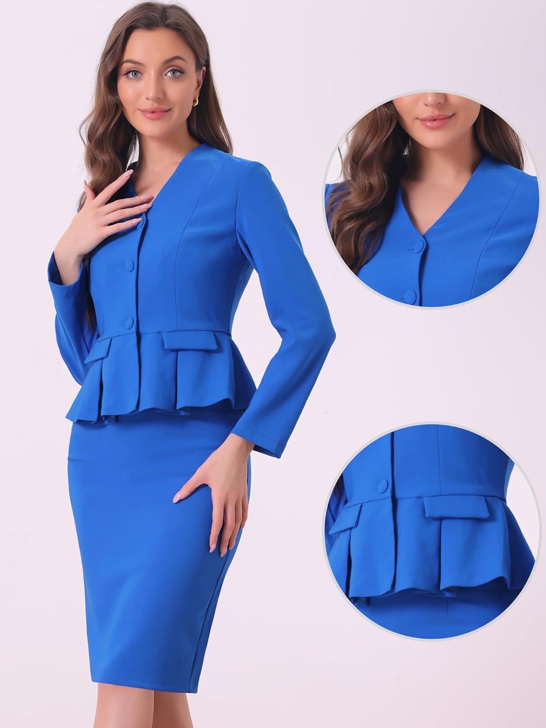 imageAllegra K 2 Piece Skirt Sets for Women Long Sleeve Blazer and Pencil Skirt Business SuitsRoyal Blue