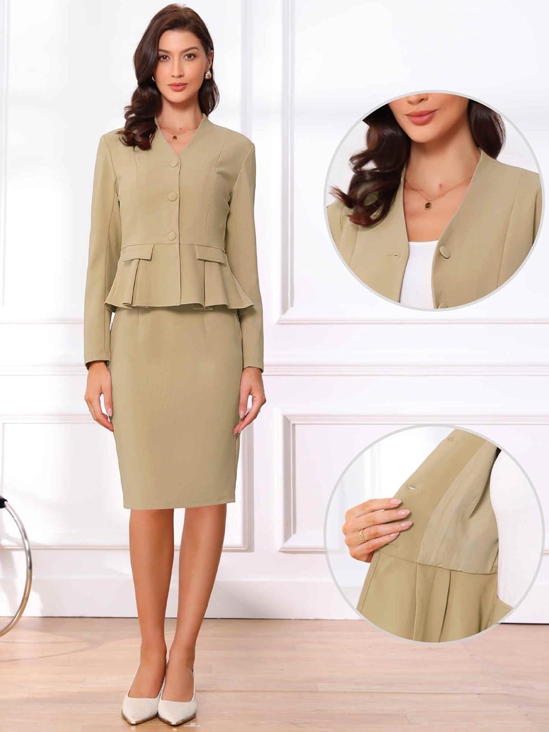 imageAllegra K 2 Piece Skirt Sets for Women Long Sleeve Blazer and Pencil Skirt Business SuitsTan