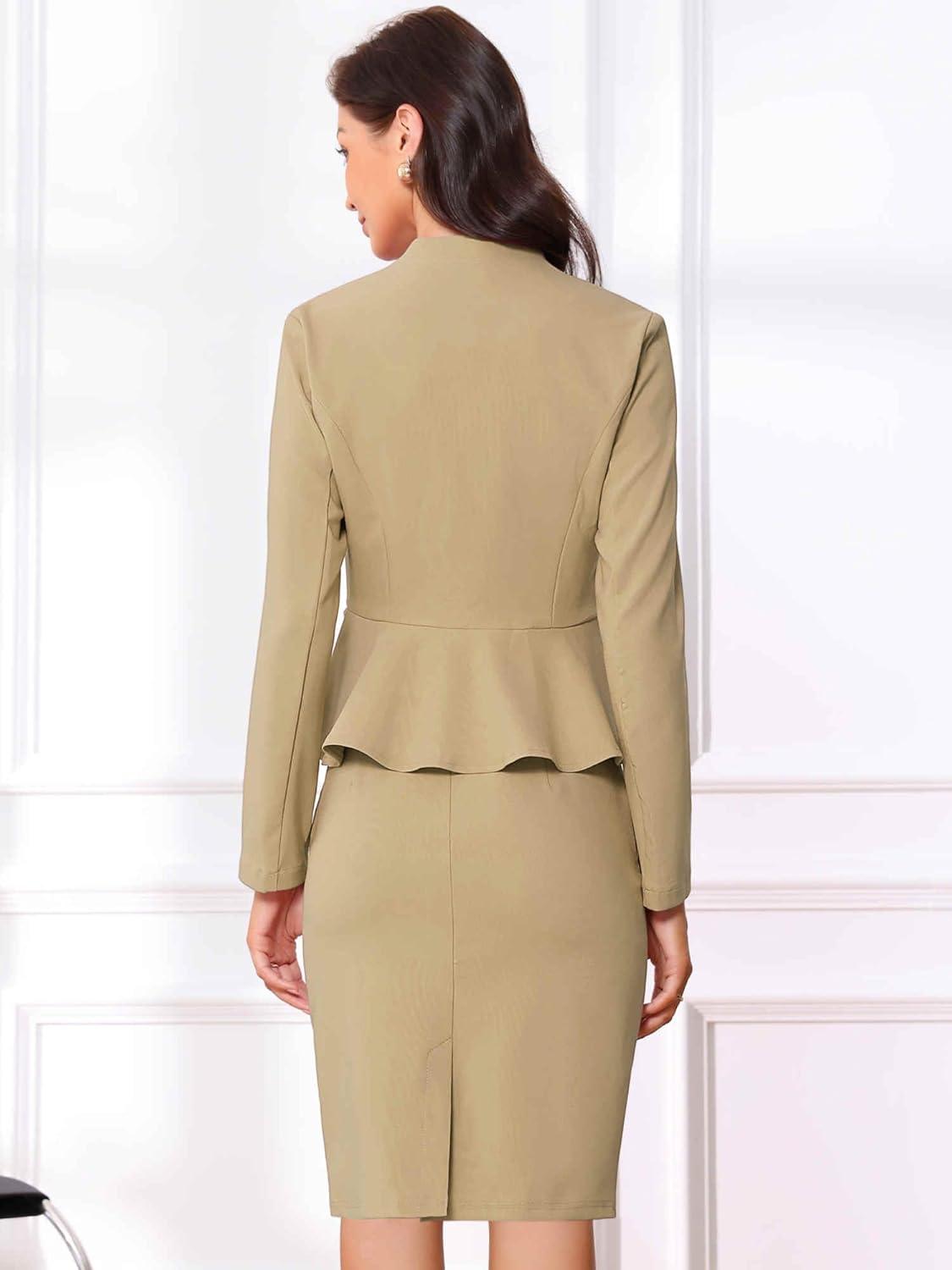 imageAllegra K 2 Piece Skirt Sets for Women Long Sleeve Blazer and Pencil Skirt Business SuitsTan
