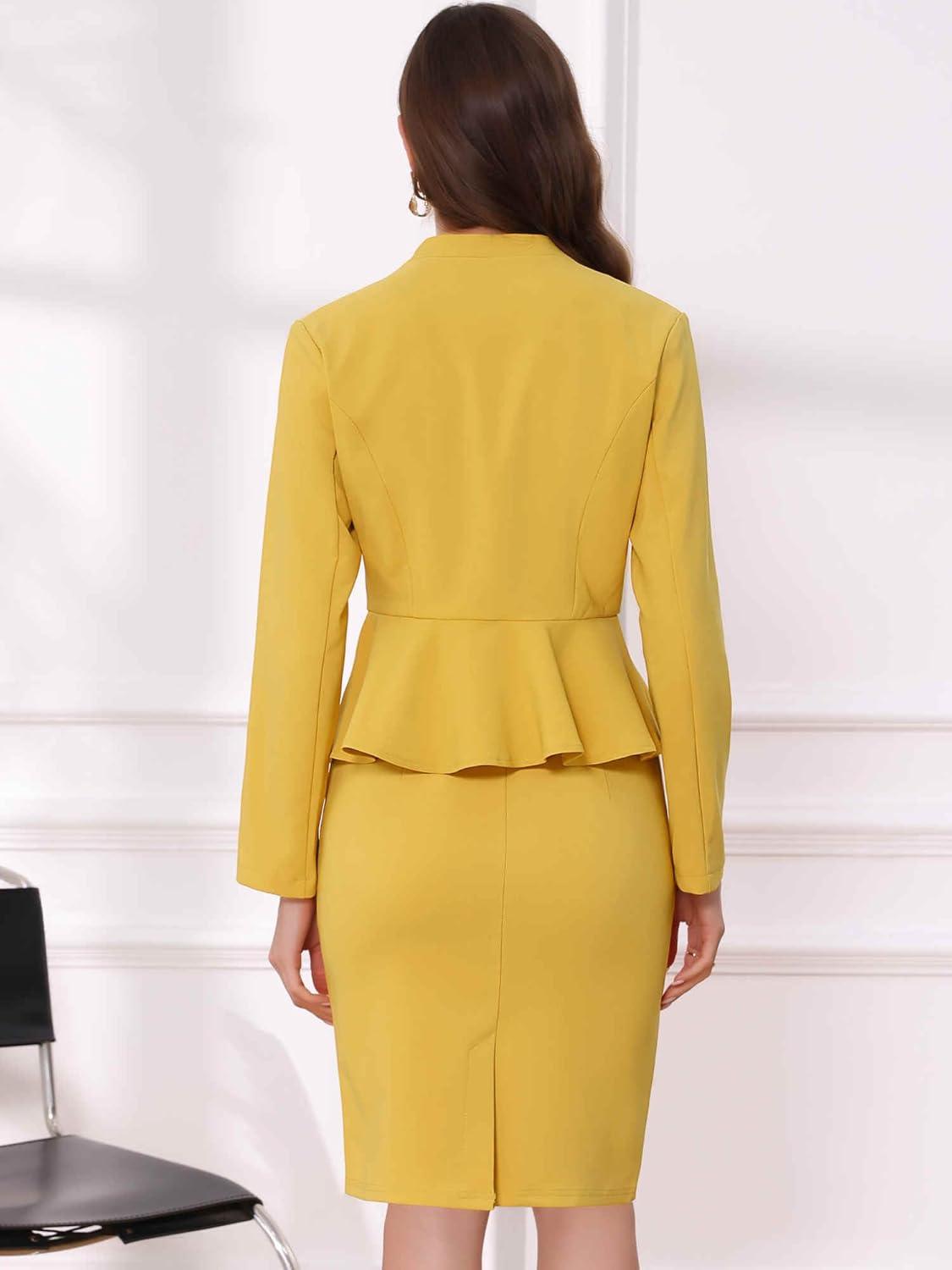 imageAllegra K 2 Piece Skirt Sets for Women Long Sleeve Blazer and Pencil Skirt Business SuitsYellow