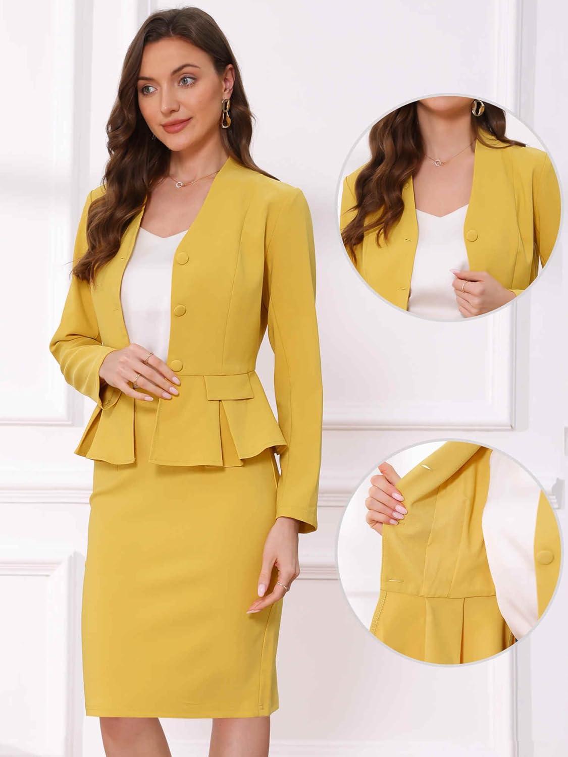 imageAllegra K 2 Piece Skirt Sets for Women Long Sleeve Blazer and Pencil Skirt Business SuitsYellow