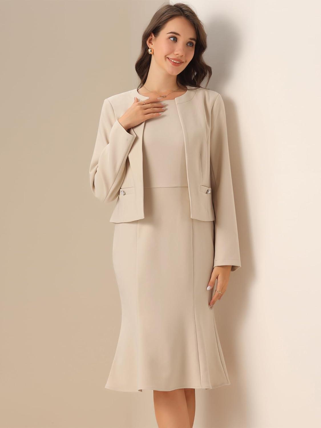 imageAllegra K 2 Piece Suit Dress Set for Womens Business Sleeveless Dress and Crop BlazerBeige