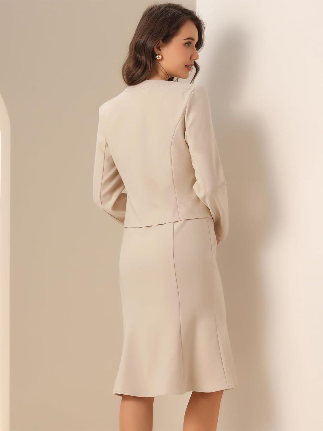 imageAllegra K 2 Piece Suit Dress Set for Womens Business Sleeveless Dress and Crop BlazerBeige