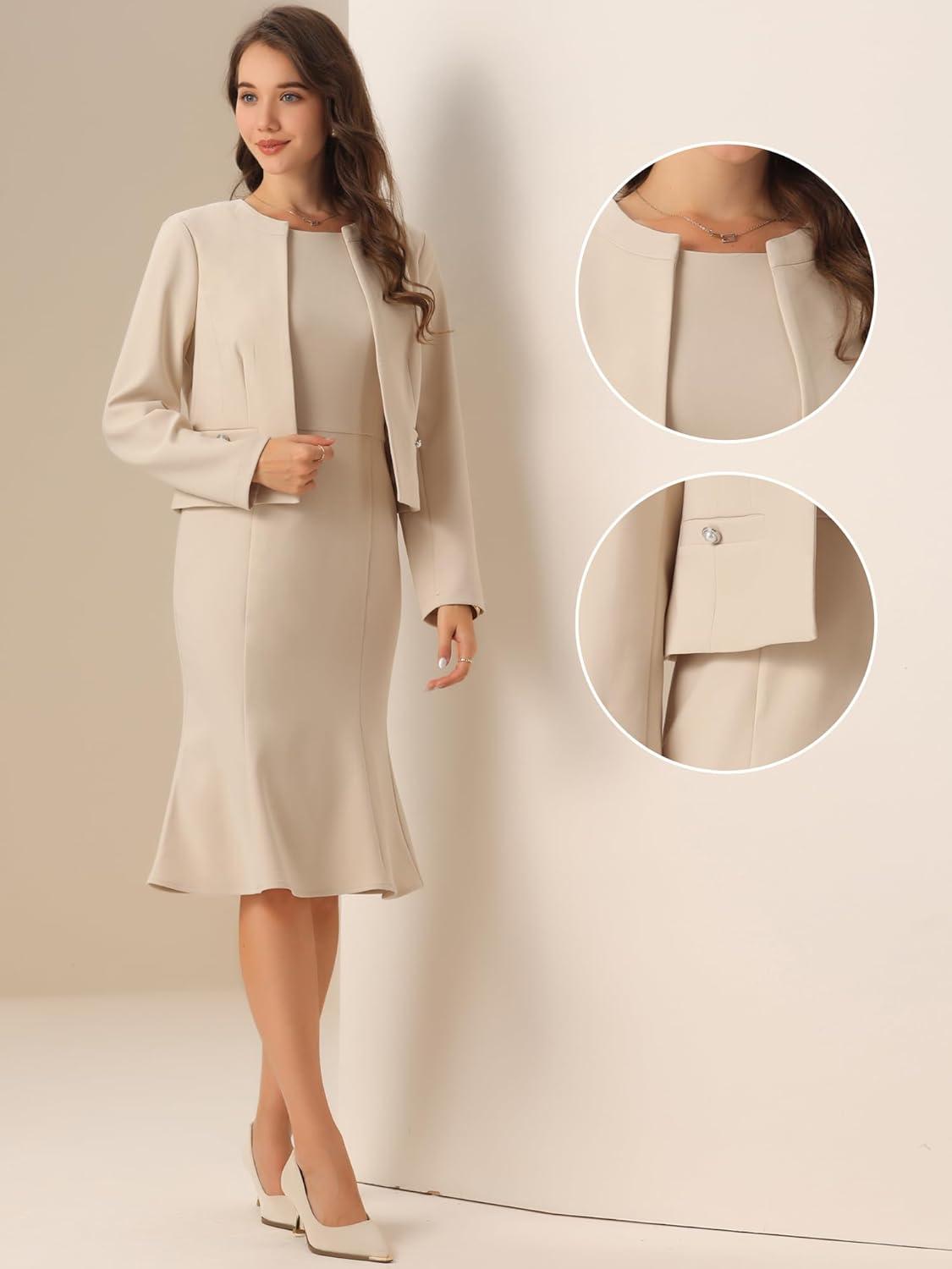 imageAllegra K 2 Piece Suit Dress Set for Womens Business Sleeveless Dress and Crop BlazerBeige
