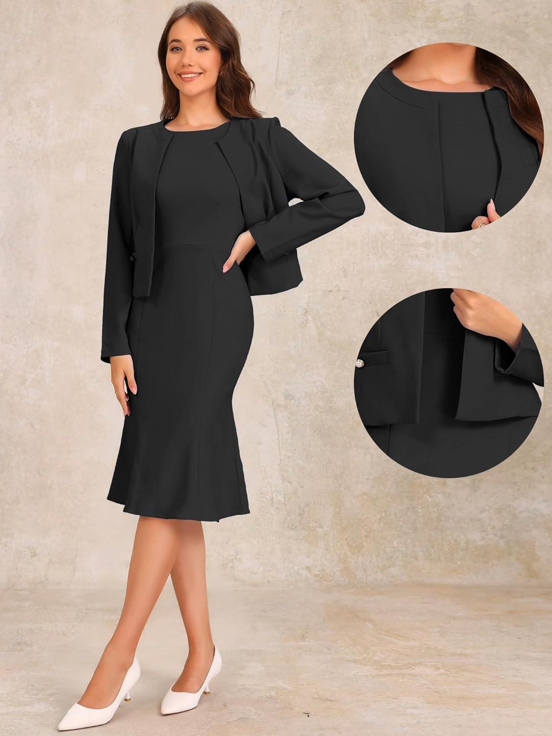 imageAllegra K 2 Piece Suit Dress Set for Womens Business Sleeveless Dress and Crop BlazerBlack