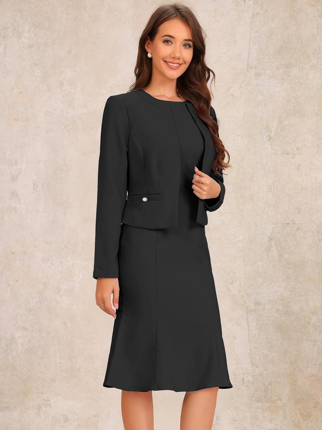 imageAllegra K 2 Piece Suit Dress Set for Womens Business Sleeveless Dress and Crop BlazerBlack