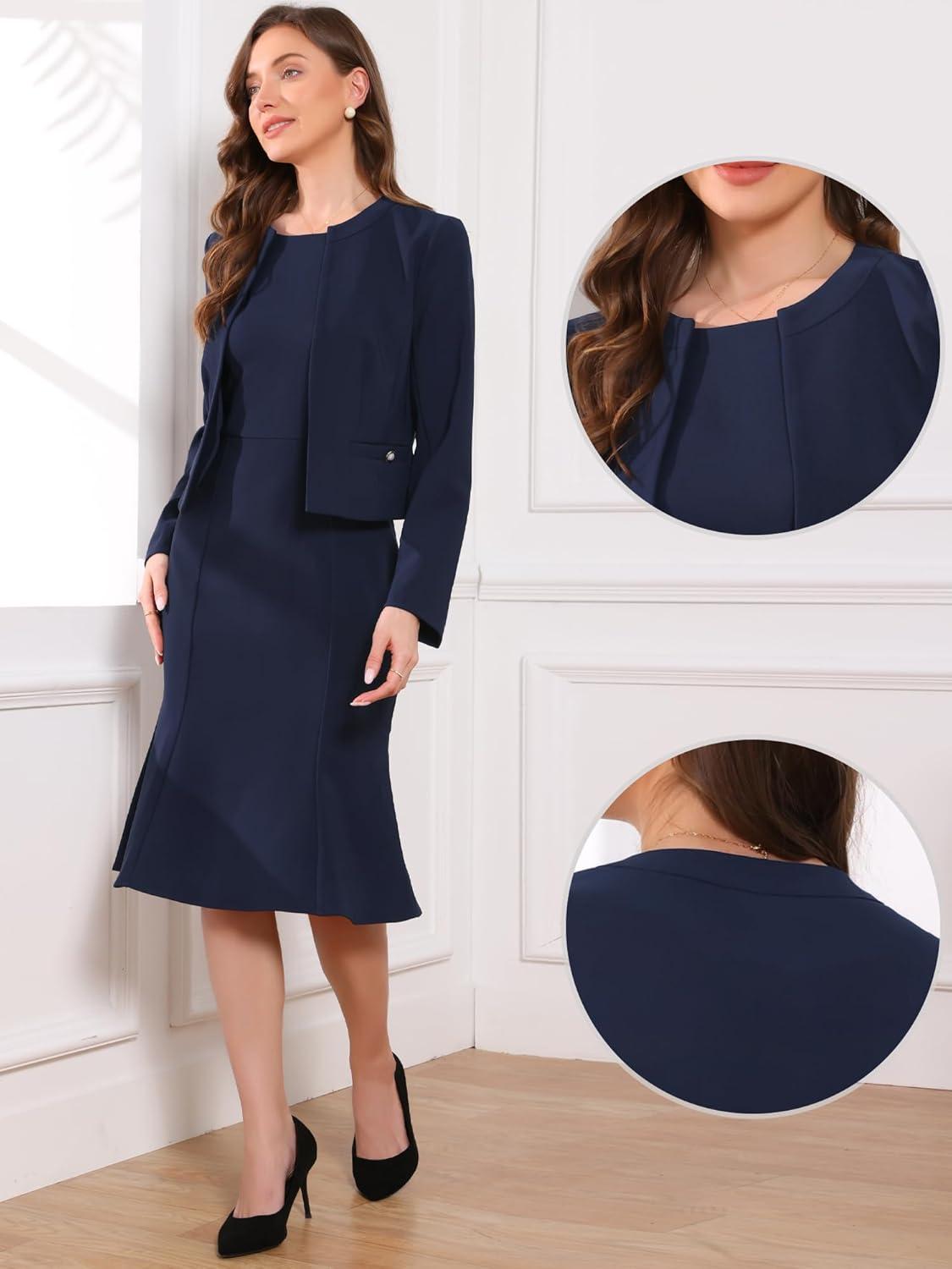 imageAllegra K 2 Piece Suit Dress Set for Womens Business Sleeveless Dress and Crop BlazerDark Blue