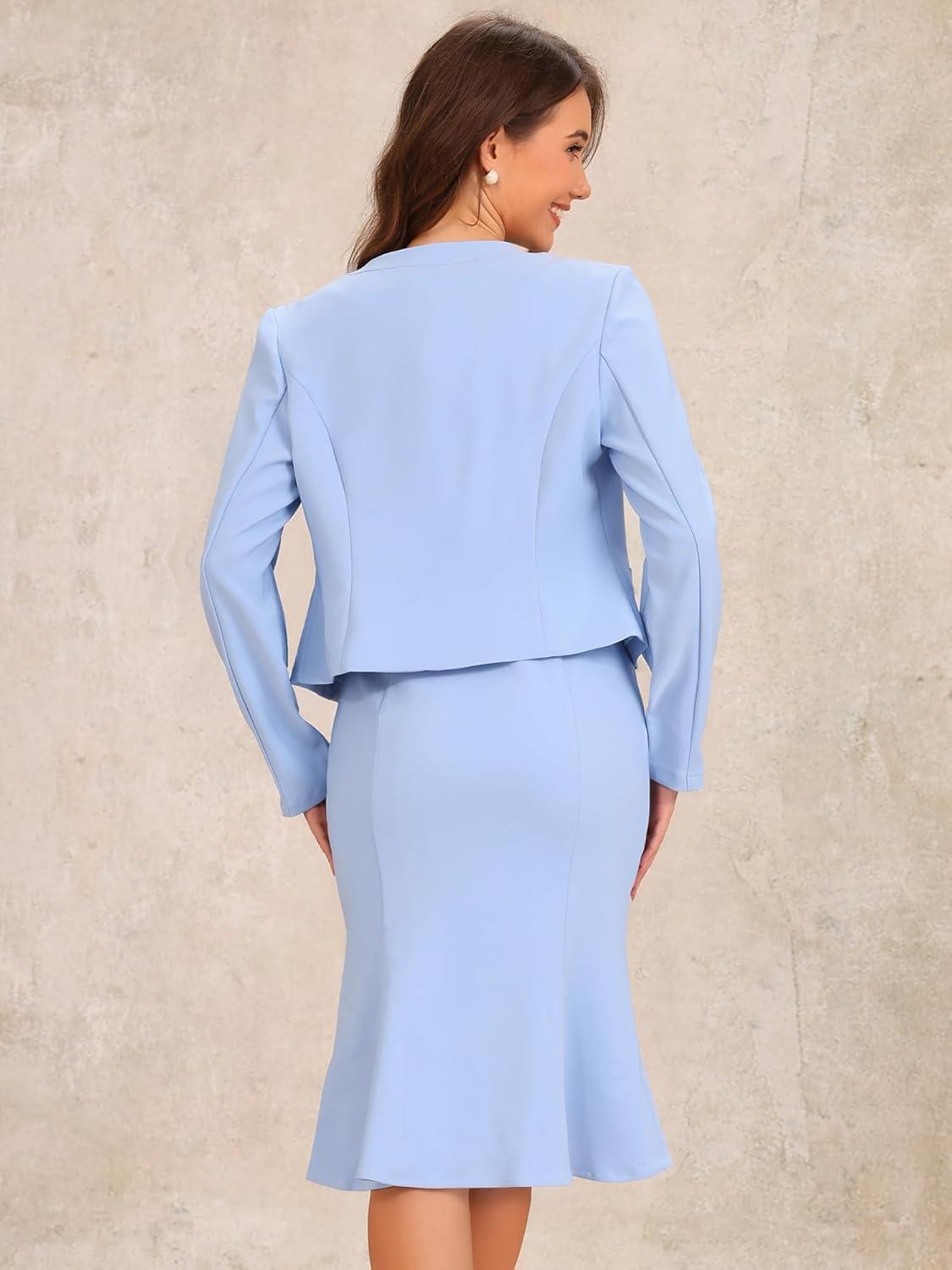 imageAllegra K 2 Piece Suit Dress Set for Womens Business Sleeveless Dress and Crop BlazerLight Blue