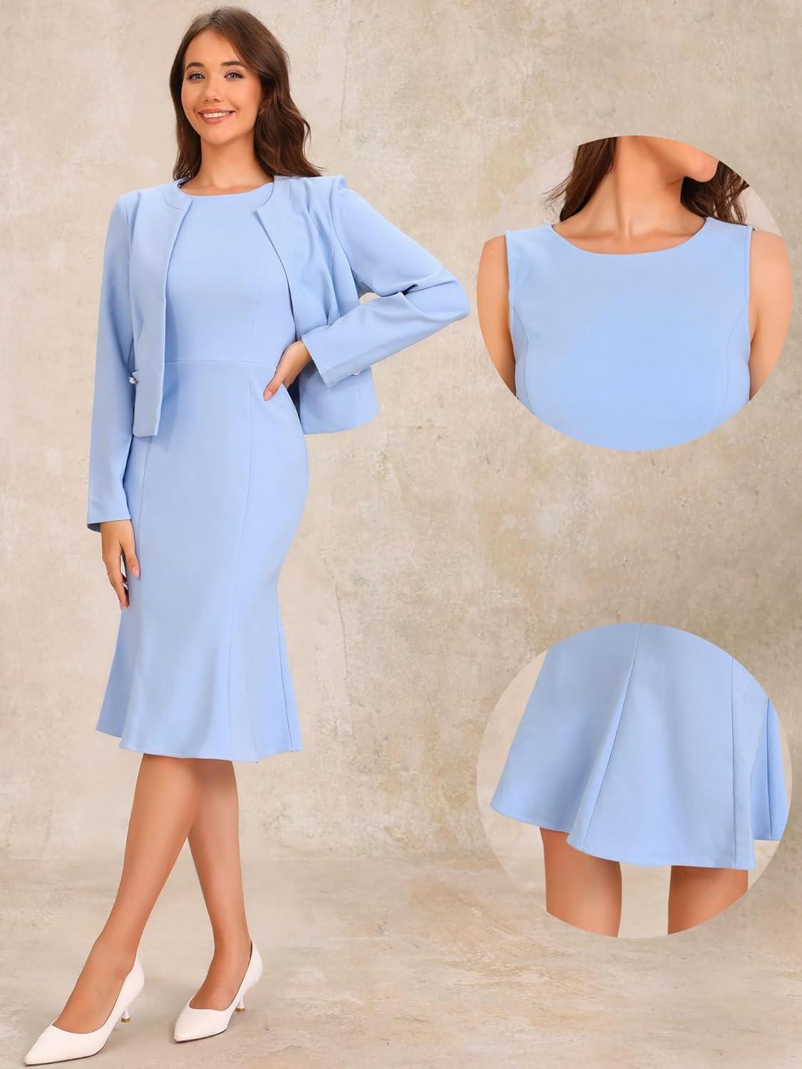 imageAllegra K 2 Piece Suit Dress Set for Womens Business Sleeveless Dress and Crop BlazerLight Blue