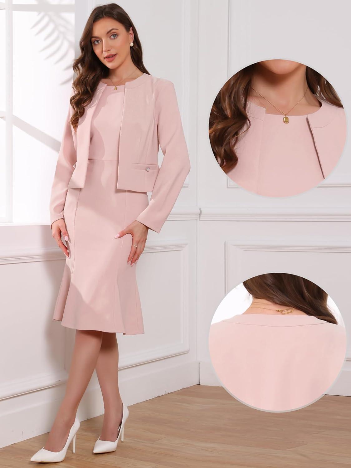 imageAllegra K 2 Piece Suit Dress Set for Womens Business Sleeveless Dress and Crop BlazerPink