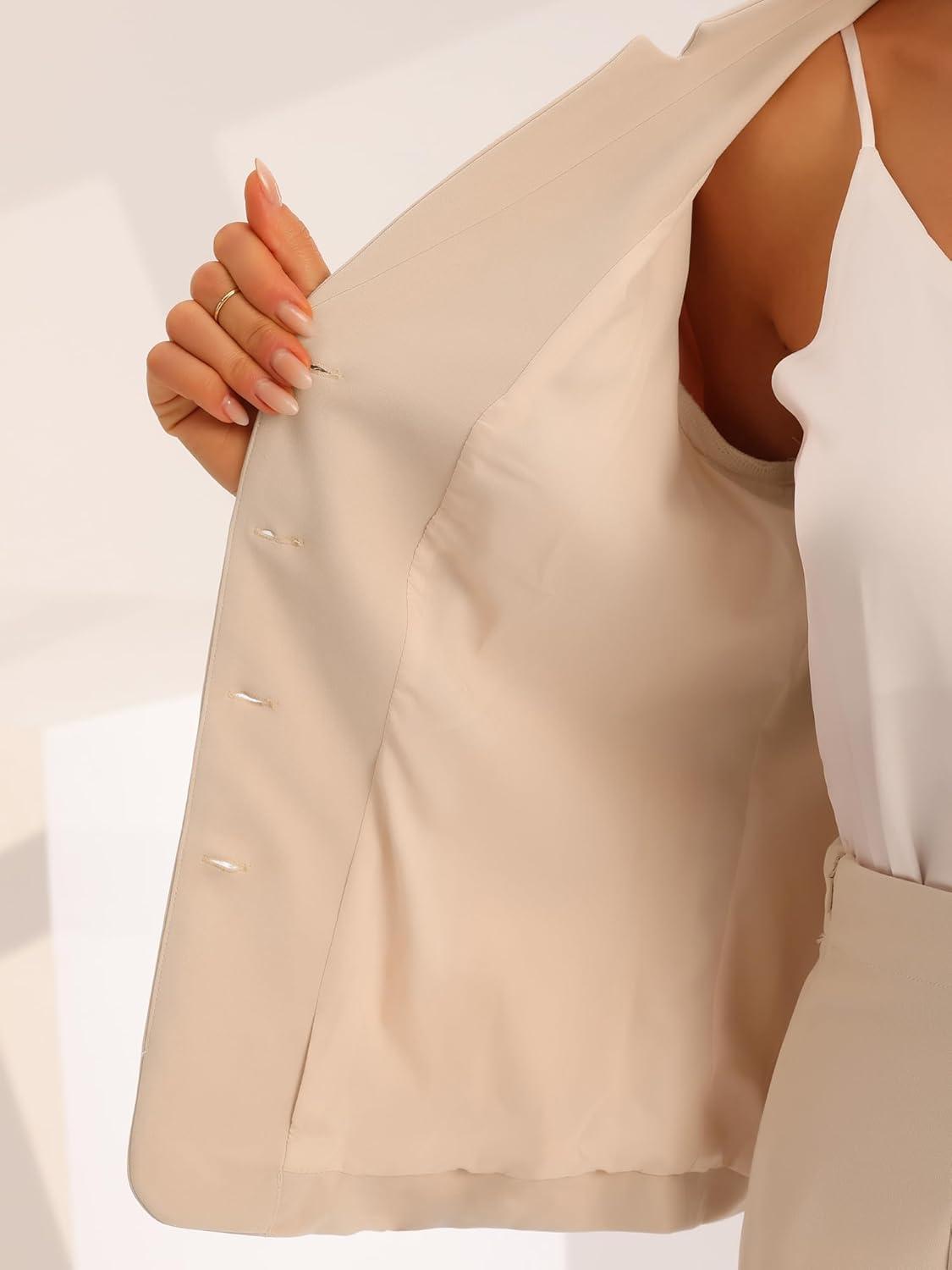 imageAllegra K 2 Piece Suit Skirt Set for Womens Notched Collar Casual Business Skirt Suit Set and Blazer Pencil SkirtsBeige