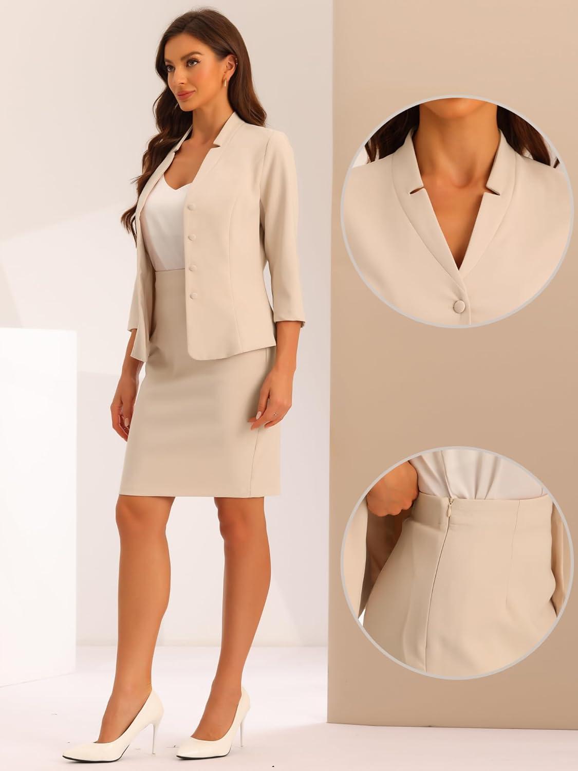 imageAllegra K 2 Piece Suit Skirt Set for Womens Notched Collar Casual Business Skirt Suit Set and Blazer Pencil SkirtsBeige