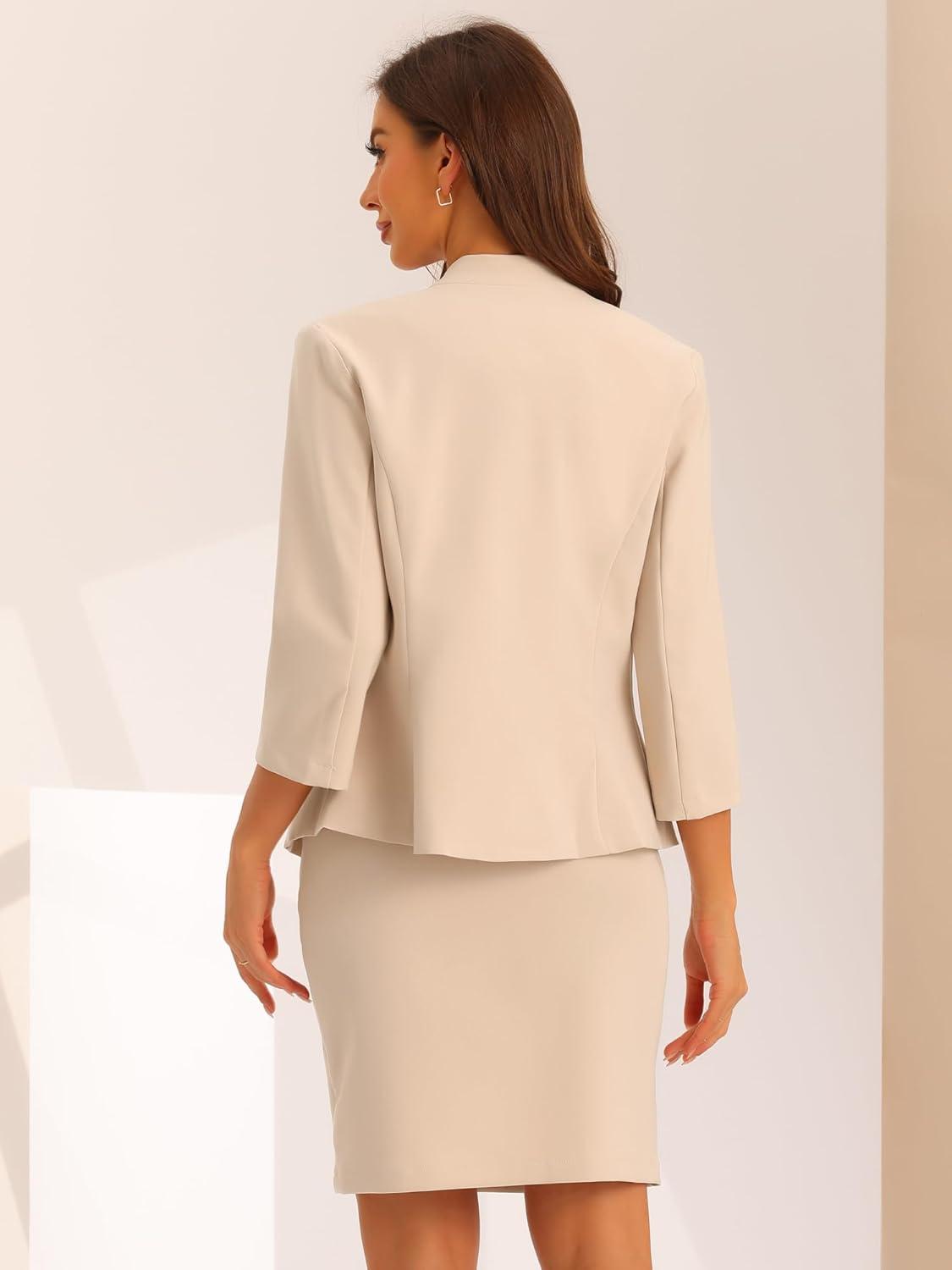 imageAllegra K 2 Piece Suit Skirt Set for Womens Notched Collar Casual Business Skirt Suit Set and Blazer Pencil SkirtsBeige