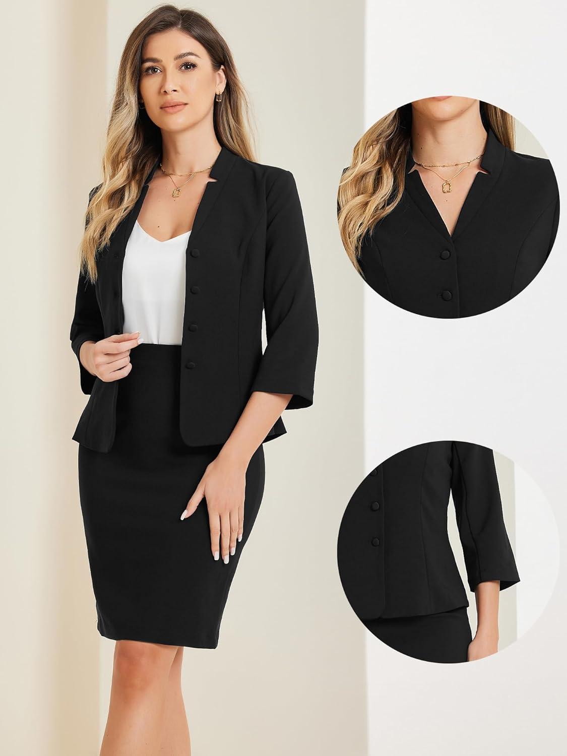 imageAllegra K 2 Piece Suit Skirt Set for Womens Notched Collar Casual Business Skirt Suit Set and Blazer Pencil SkirtsBlack