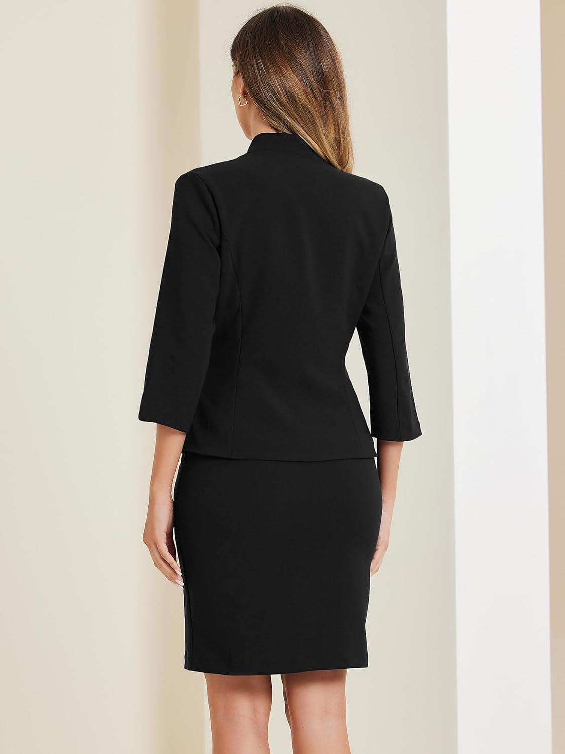 imageAllegra K 2 Piece Suit Skirt Set for Womens Notched Collar Casual Business Skirt Suit Set and Blazer Pencil SkirtsBlack