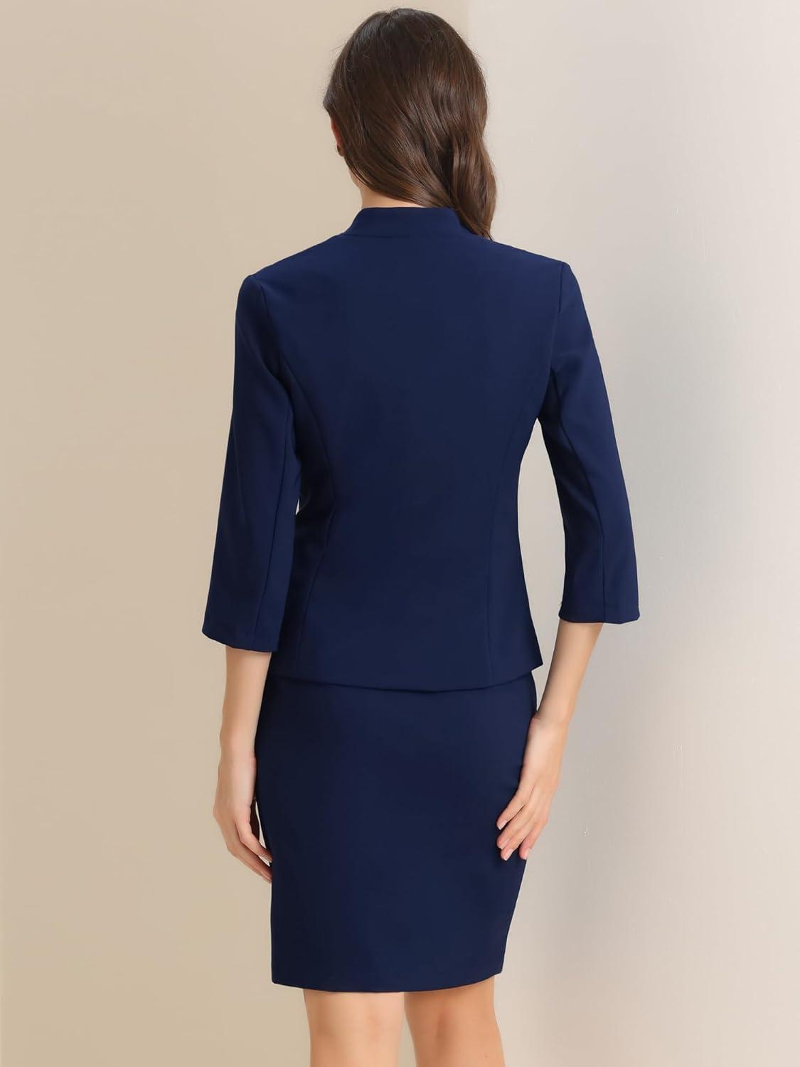 imageAllegra K 2 Piece Suit Skirt Set for Womens Notched Collar Casual Business Skirt Suit Set and Blazer Pencil SkirtsDark Blue