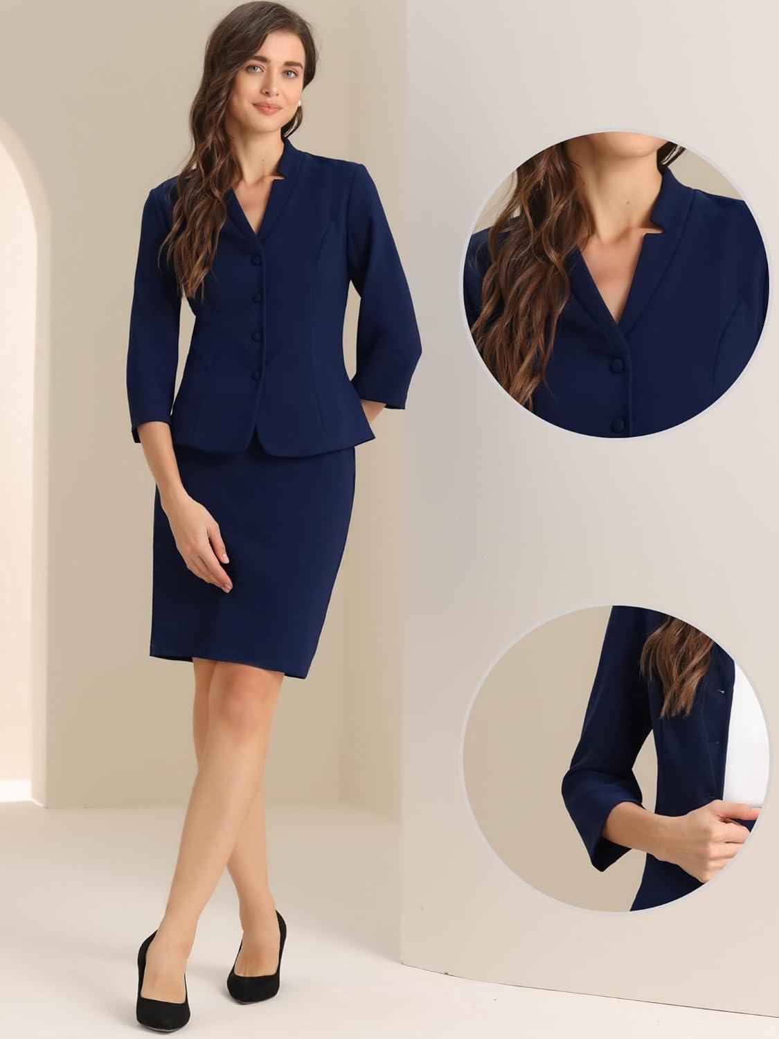 imageAllegra K 2 Piece Suit Skirt Set for Womens Notched Collar Casual Business Skirt Suit Set and Blazer Pencil SkirtsDark Blue