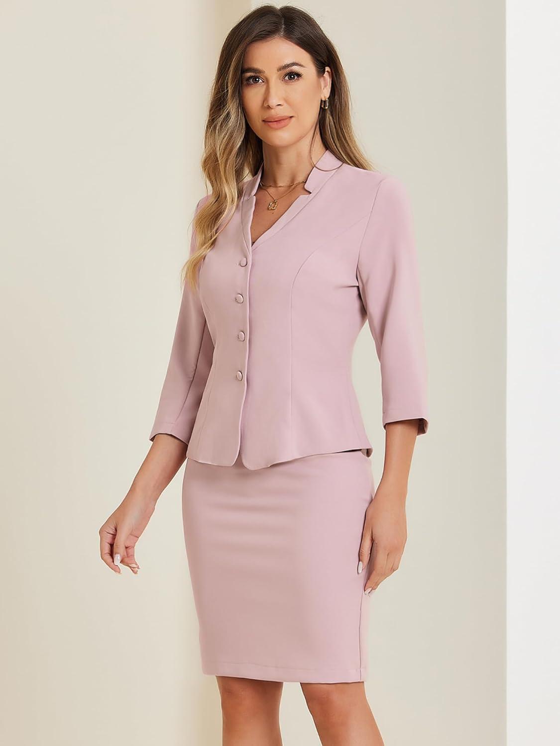 imageAllegra K 2 Piece Suit Skirt Set for Womens Notched Collar Casual Business Skirt Suit Set and Blazer Pencil SkirtsGrey Pink
