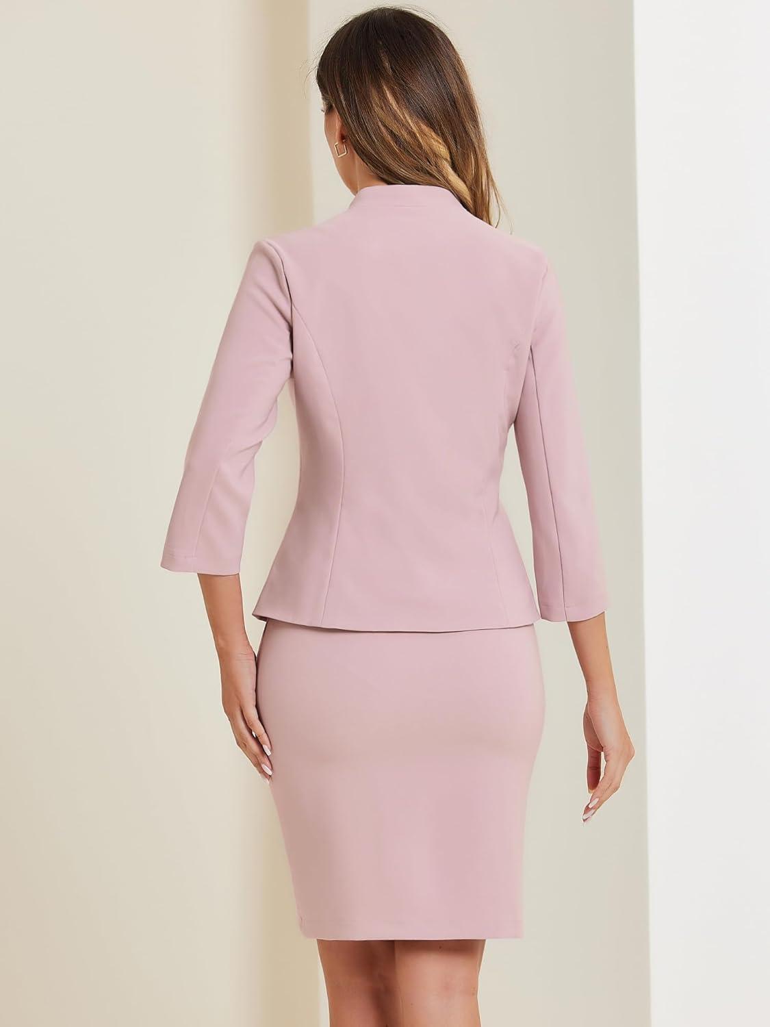 imageAllegra K 2 Piece Suit Skirt Set for Womens Notched Collar Casual Business Skirt Suit Set and Blazer Pencil SkirtsGrey Pink