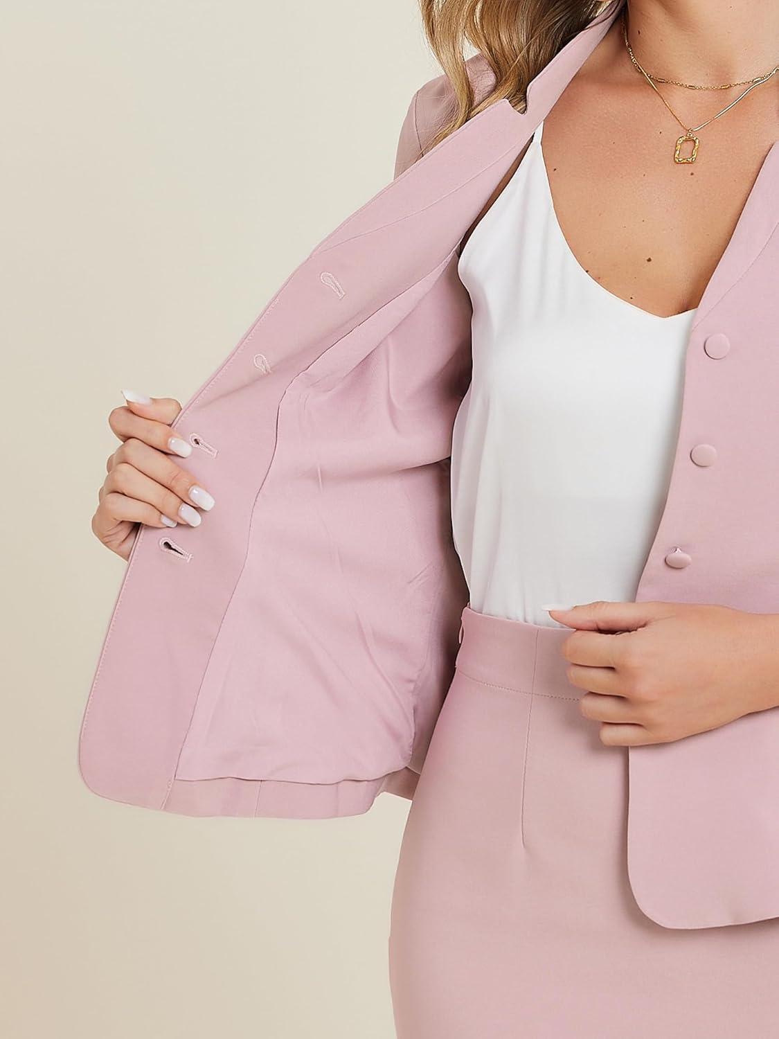 imageAllegra K 2 Piece Suit Skirt Set for Womens Notched Collar Casual Business Skirt Suit Set and Blazer Pencil SkirtsGrey Pink